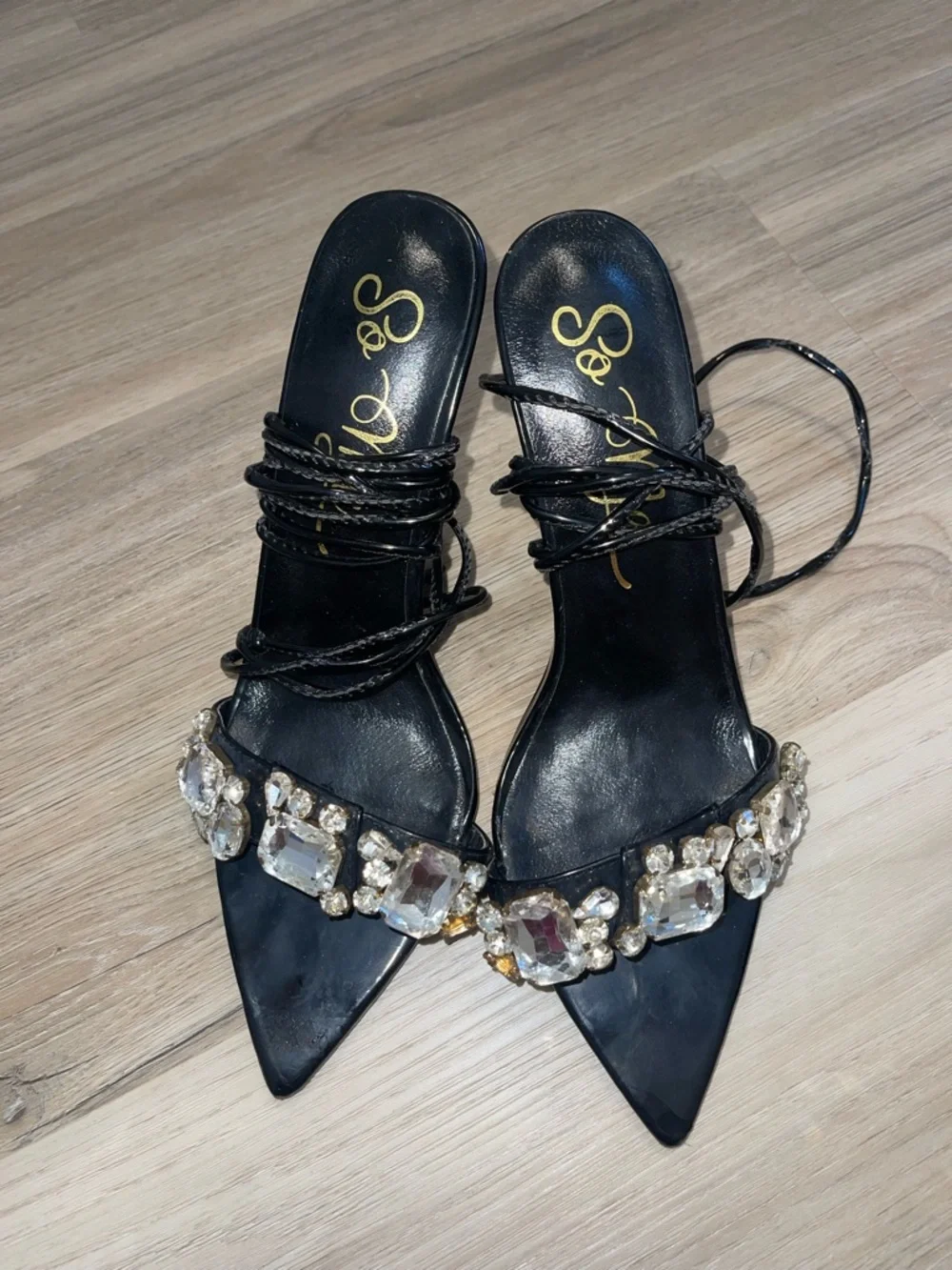 So Me Black Pointed Toe Jeweled Lace-Up Sandals - Picture 2 of 5